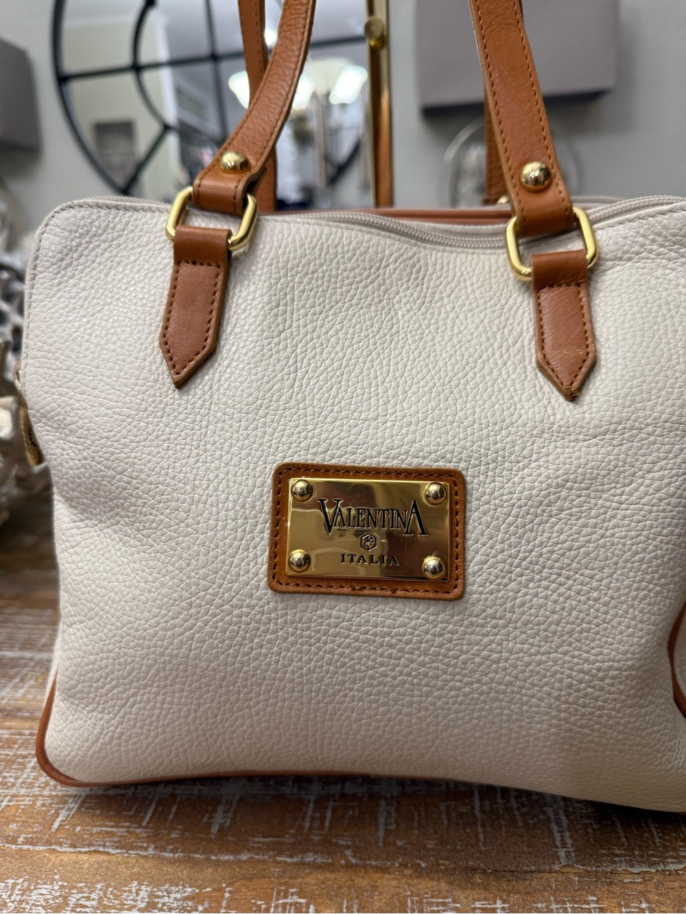 Valentina Cream Shoulder Bag with Tan Straps, 11” x 4 1/2” x 9 1/2” tall.